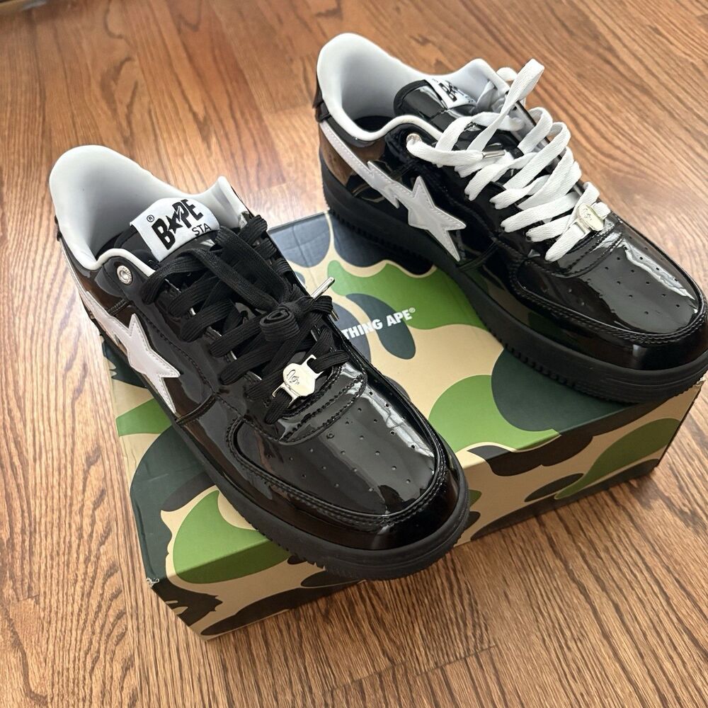 A Bathing Ape bape sta black & white patent leather size 10 w/ box & dust bag